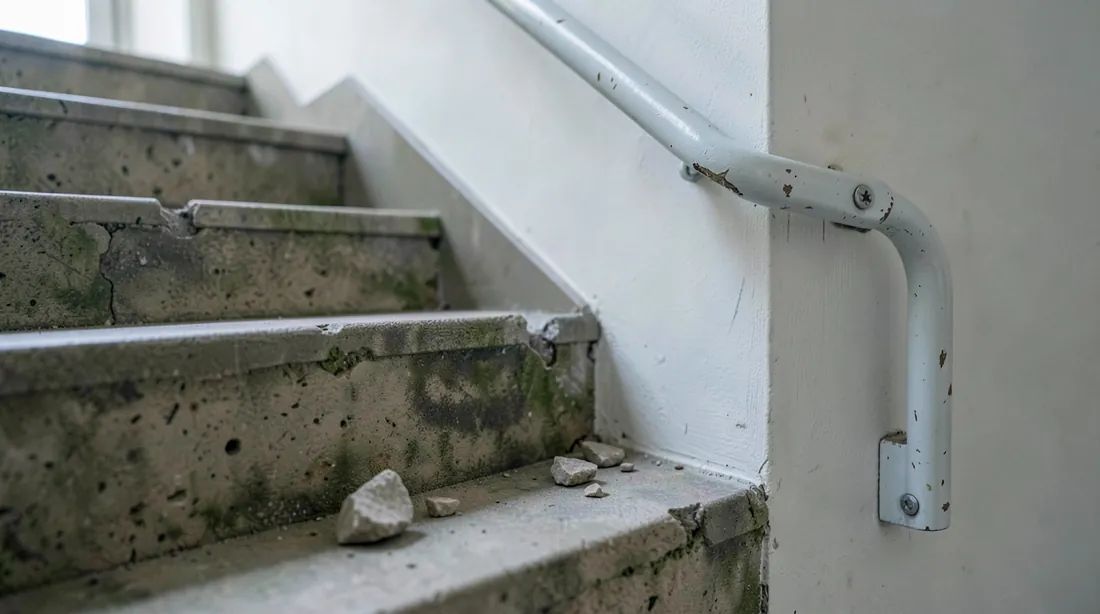 Close-up of a worn stone stair: the front nosing of one tread has broken off and stone fragments lie on the step below, while a painted metal handrail is bent and partly detached from its wall bracket, with one loose screw