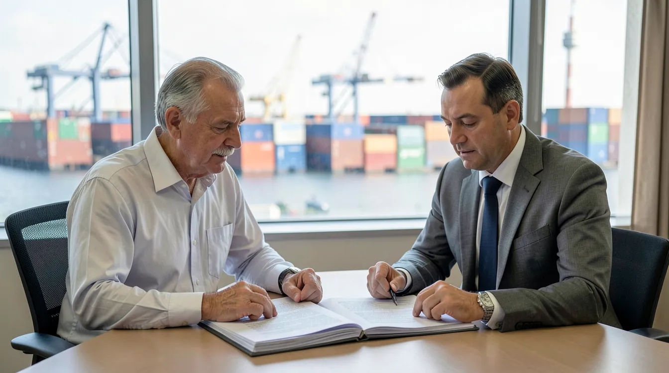 A European exporter in his fifties in a light shirt and a Turkish lawyer in a grey suit at a desk in a bright Istanbul office, both looking at an open thick file on the desk, with the cranes of a container port out of focus through the window