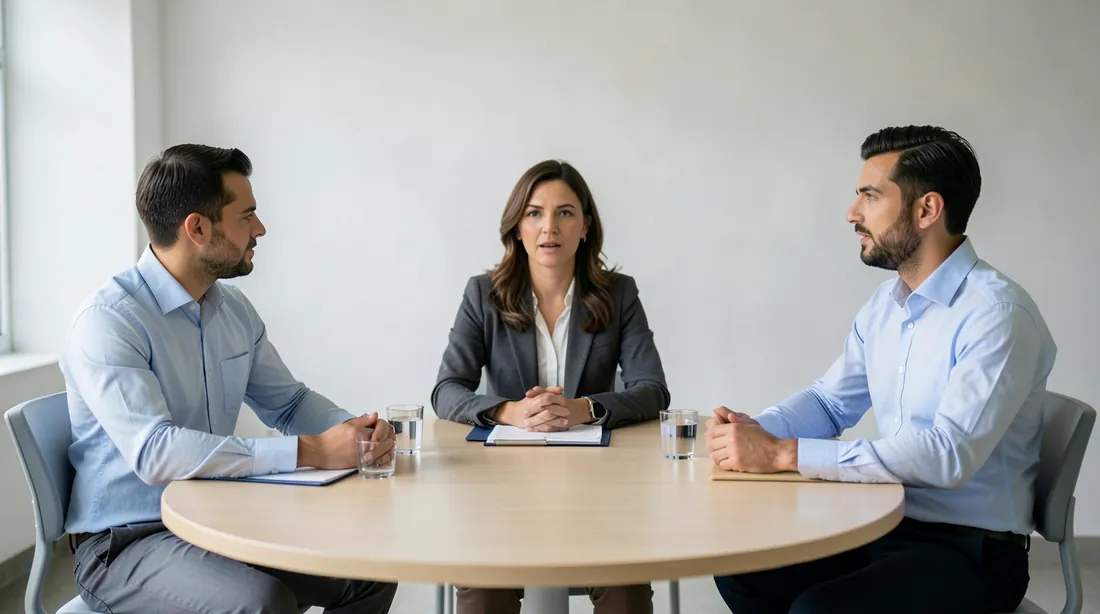A calm mediation meeting at a round light-wood table, a woman mediator in the middle, a foreign business owner and a Turkish company representative on either side, a plain white wall behind them