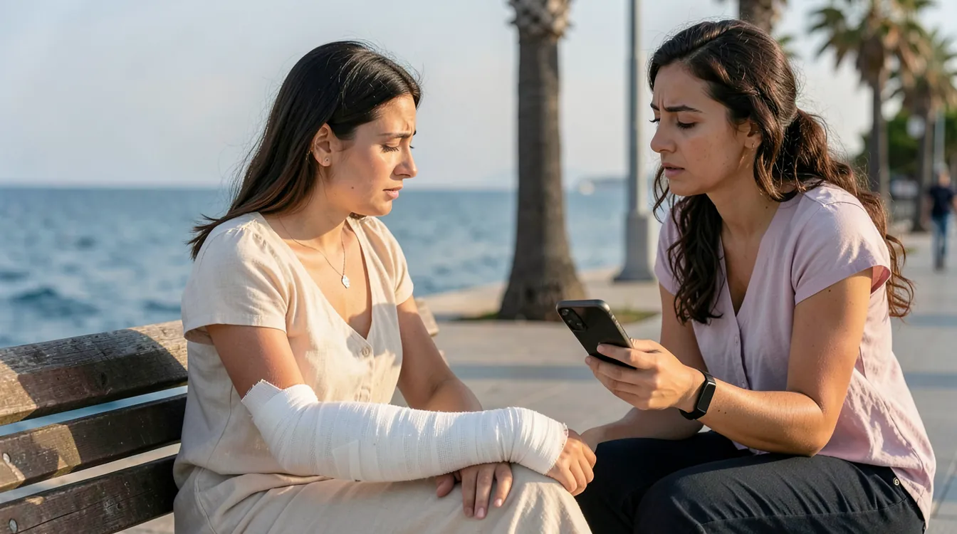 A woman in summer clothes sitting on a bench on a seaside promenade in southern Türkiye with a bandaged forearm, a friend beside her looking at a phone, palm trees and calm sea behind them