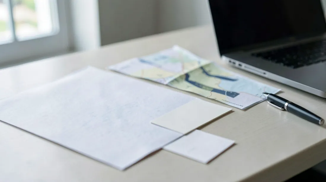 Close-up of a desk with a hospital discharge sheet, a vaccination record card, a folded map and a pen beside a laptop, soft daylight from a window