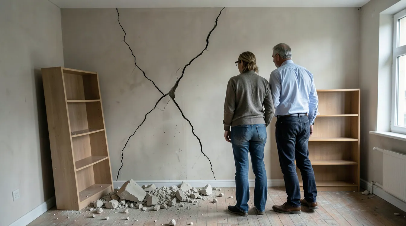 A middle-aged couple in casual clothes stand half turned away in the living room of an ordinary apartment, looking at a long diagonal crack across a plaster wall, with fallen plaster and dust on the wooden floor and a tilted empty bookshelf, in soft daylight