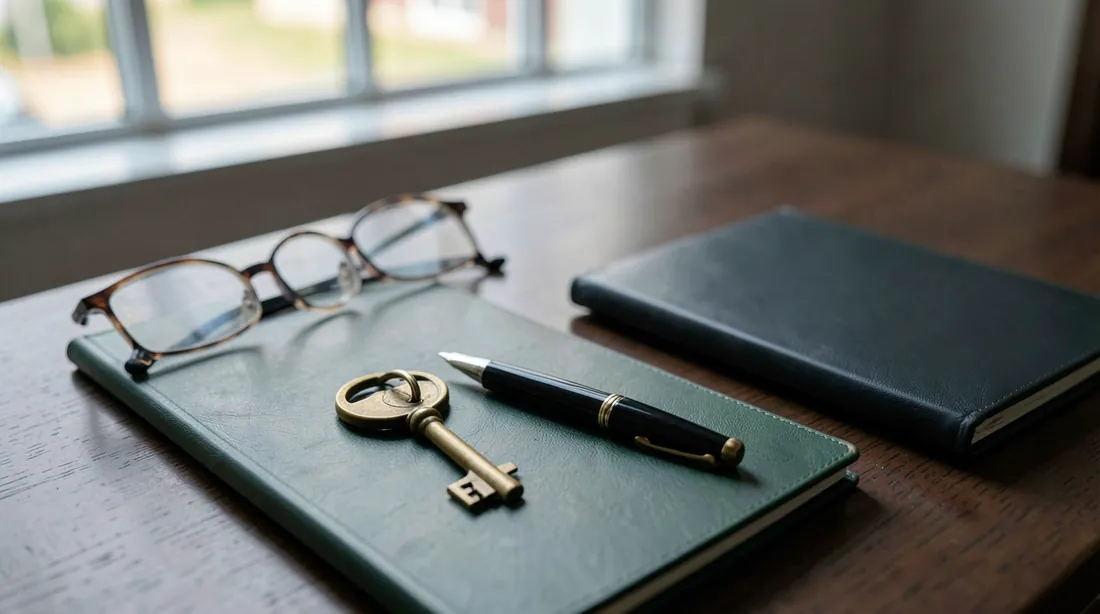 Close-up of an old brass door key on a plain ring lying on a closed dark green folder, with reading glasses and a fountain pen beside it