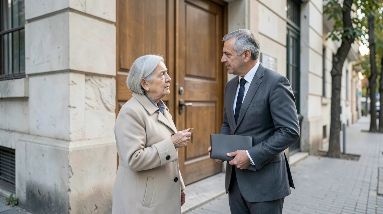 A foreign woman in her sixties in a light coat stands with a Turkish lawyer in a grey suit on a quiet tree-lined pavement in front of the closed wooden entrance door of an old Istanbul apartment building; she holds a single old key and looks at the door with concern, while the lawyer holds a plain closed folder