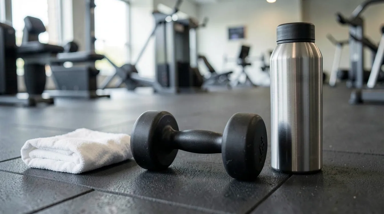 An empty gym floor in daylight with a single dumbbell lying on a rubber mat beside a folded white towel and a water bottle, exercise machines blurred in the background; no one is in the room