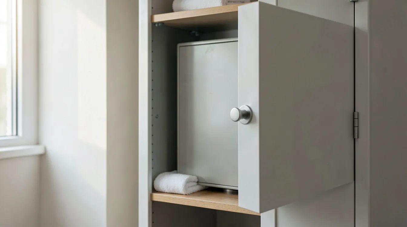 A white hotel wardrobe with its door ajar, showing a plain grey in-room safe on a wooden shelf and rolled white towels, beside a bright window; no one is in the room