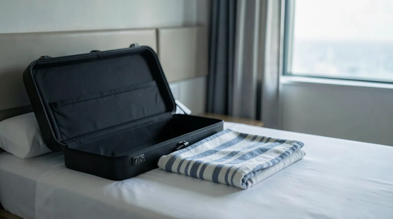 An open dark suitcase and a folded striped beach towel on a neatly made hotel bed beside a window with soft sea light; nobody is in the frame