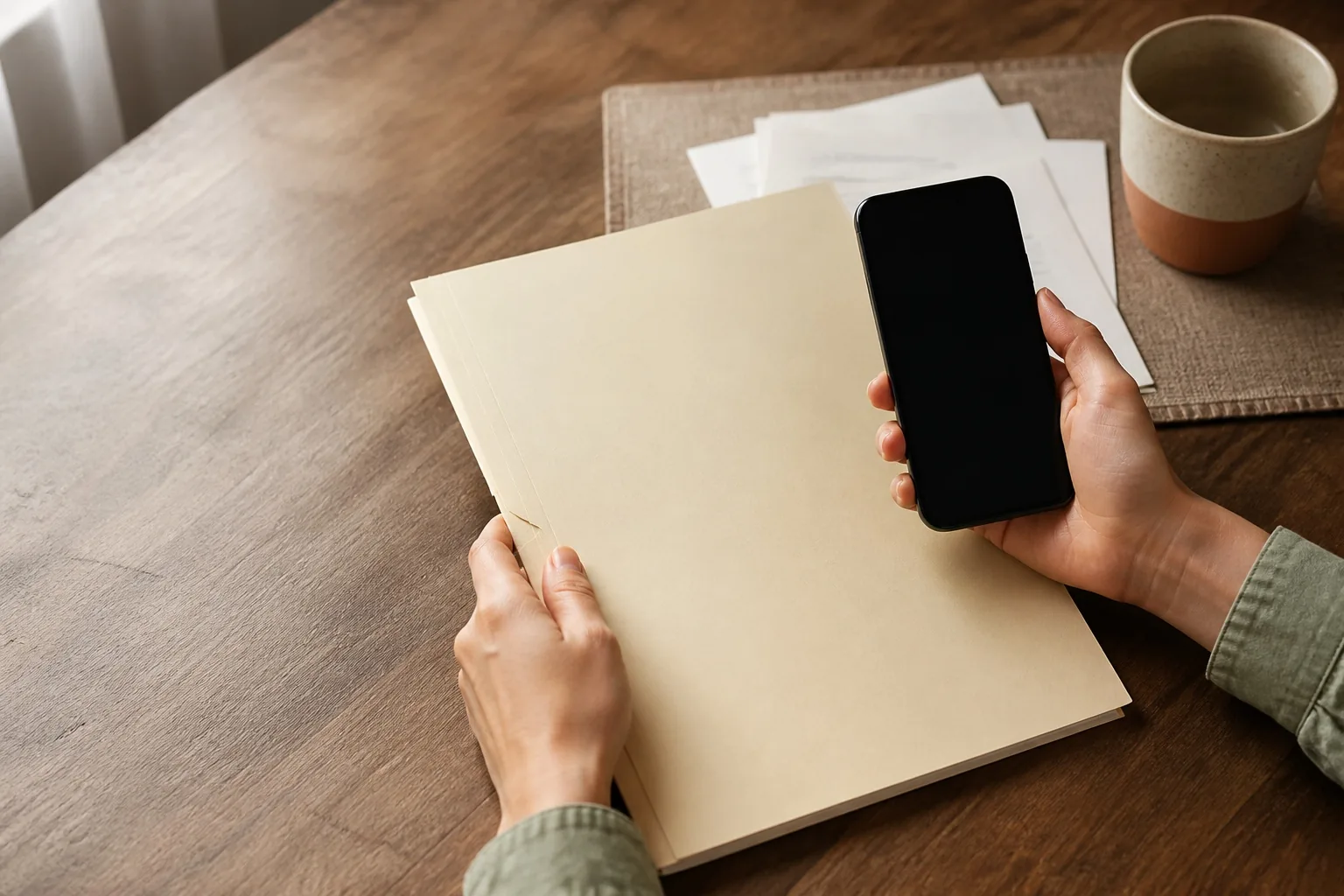 A phone and a document file on a table.