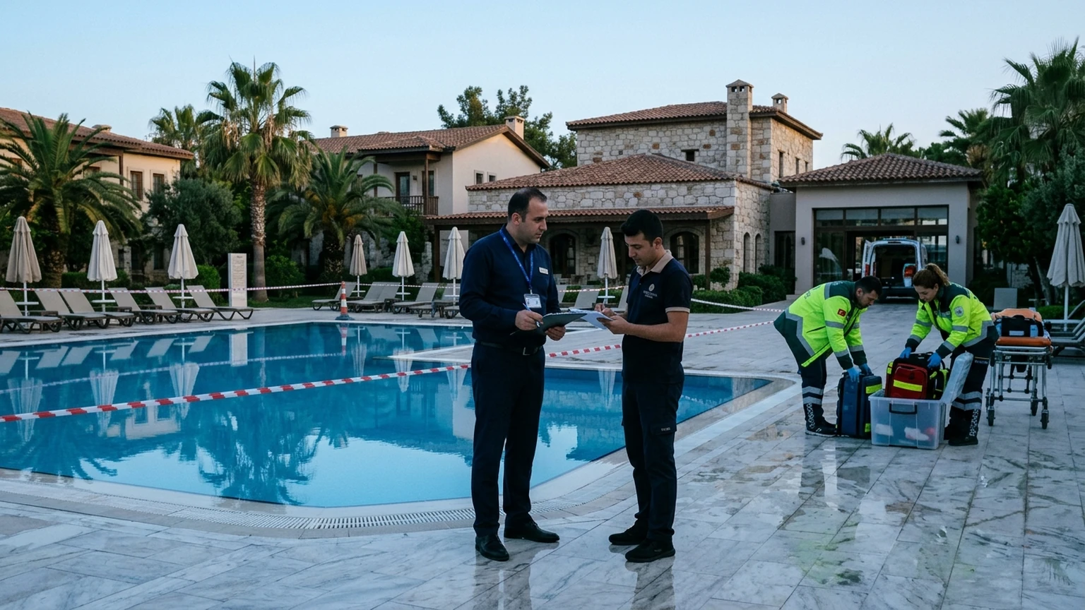 A Turkish resort pool deck cordoned off while staff complete an incident report