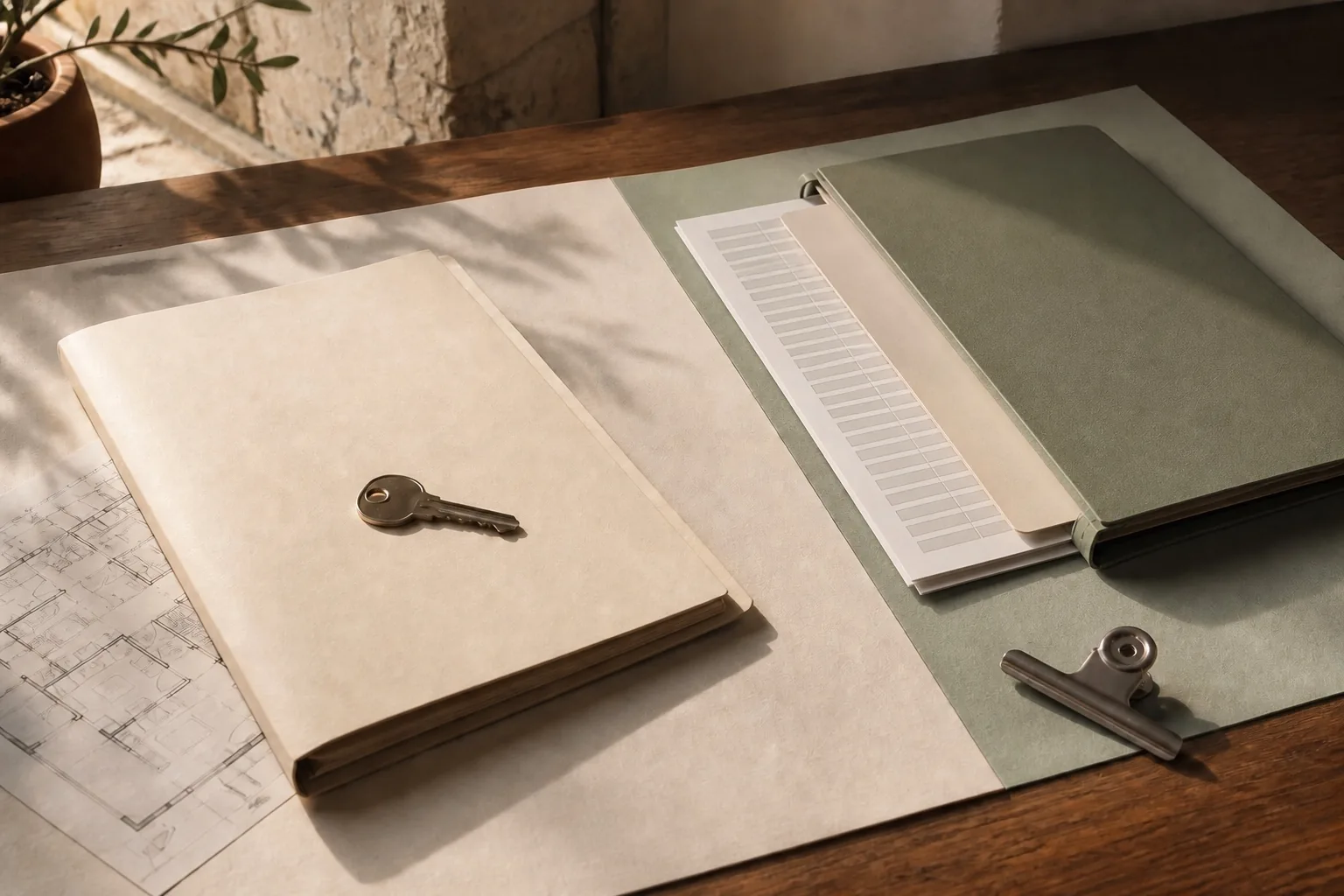 A house and bank paperwork side by side.
