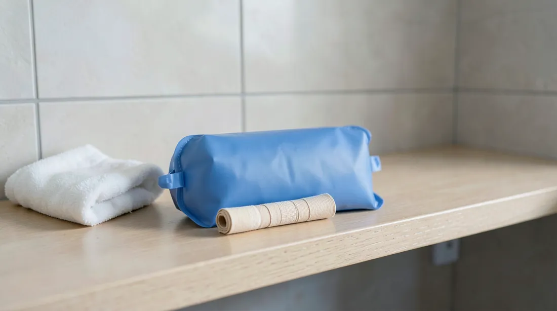 A plain blue gel ice pack, a rolled beige elastic bandage and a folded white towel on a wooden bench in a tiled changing room; no one is in the frame