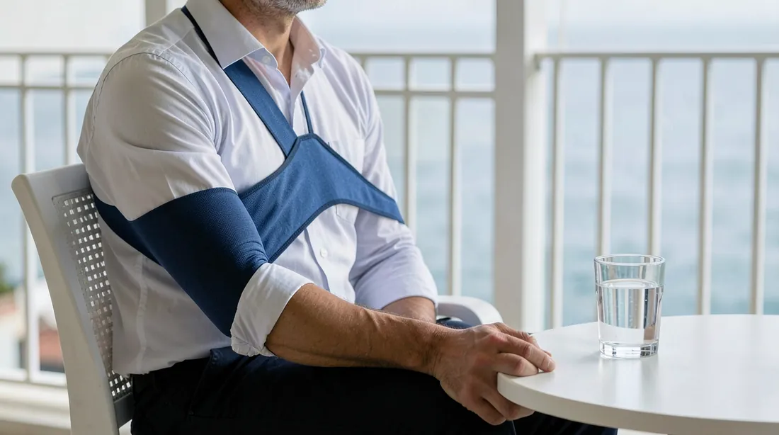 An adult seen from the chest down sitting on a hotel balcony chair with the left arm in a plain blue sling, a glass of water on a small table beside them; nobody else is in the frame