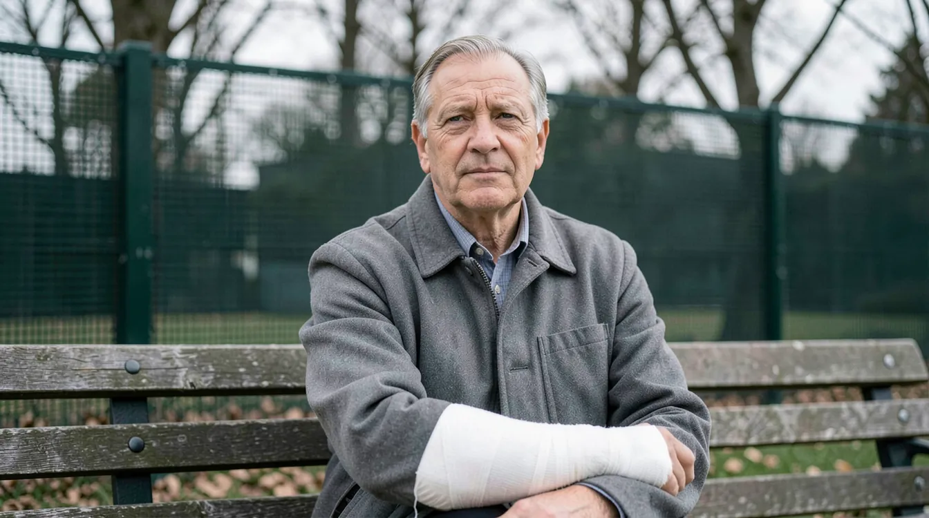 A grey-haired older man in a grey jacket sits on a weathered wooden bench with his arms crossed, a white gauze bandage wrapped around one forearm; behind him are a dark green mesh fence and bare trees