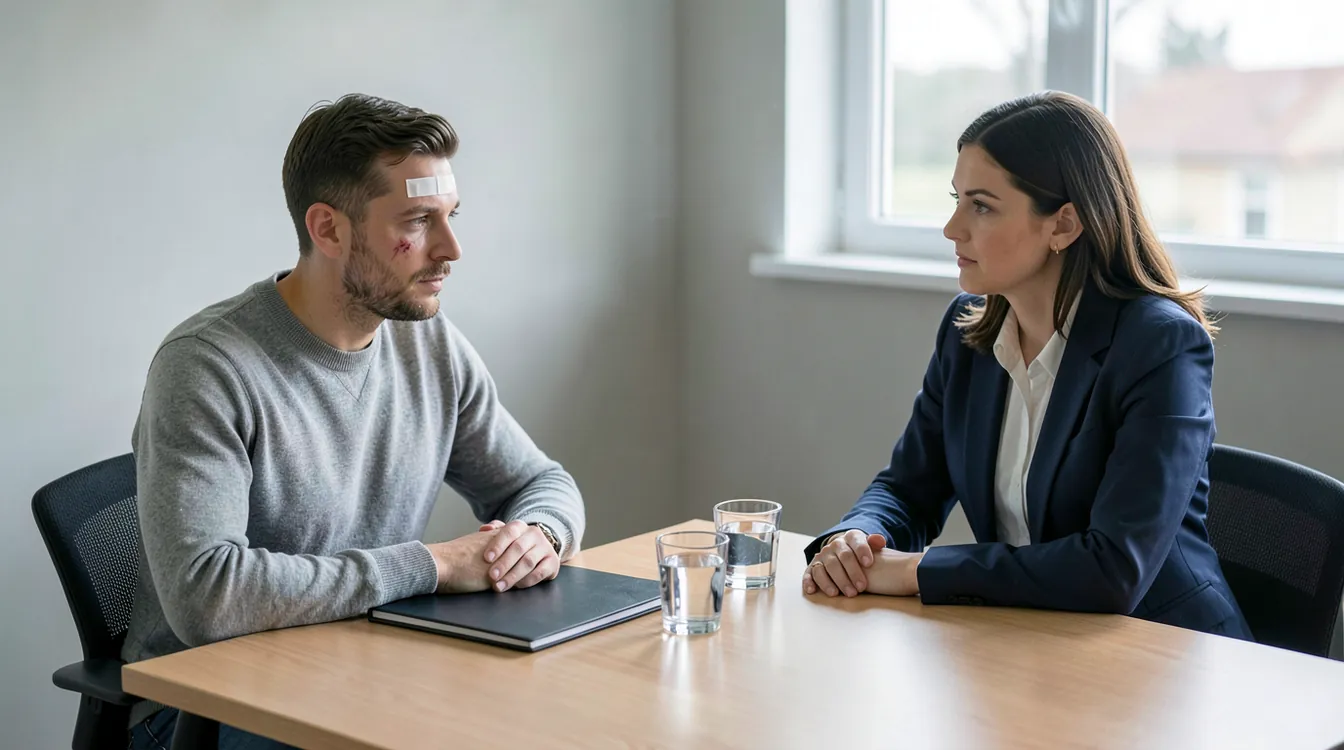In a plain office with a window, a man in his thirties in a plain grey sweater, with a white adhesive bandage across his forehead and a small cut near his eye, sits at a light wooden table opposite a female lawyer in a navy suit; a closed dark folder and two glasses of water stand on the table