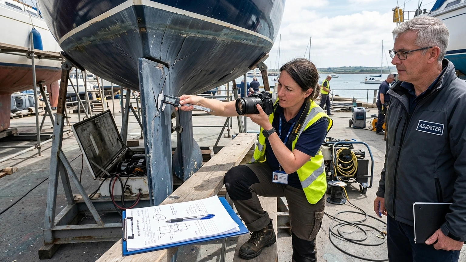 Technical marine surveyor inspecting the cracked keel and hull lamination of a modern cruiser yacht on a shipyard drydock