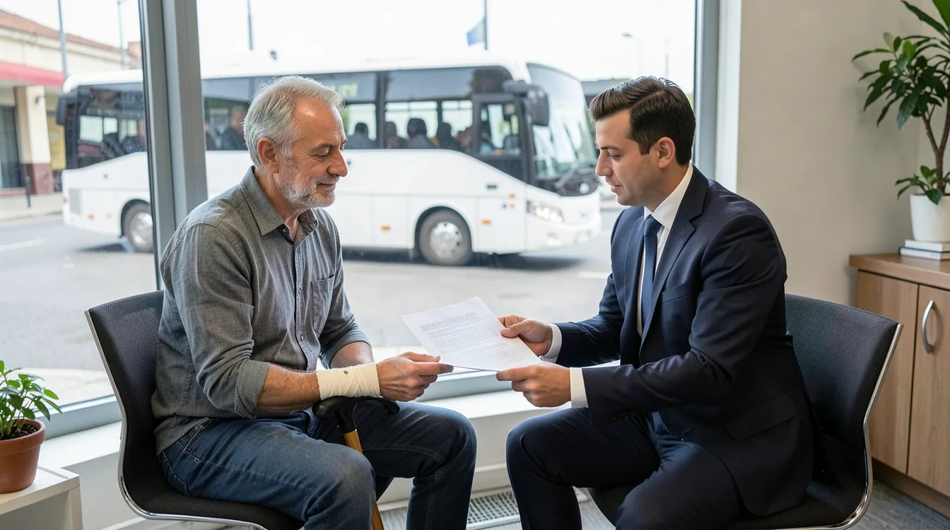 Passenger with a bandaged forearm and a walking cane sitting with a lawyer in a bright Istanbul office, a plain white intercity coach parked outside the window