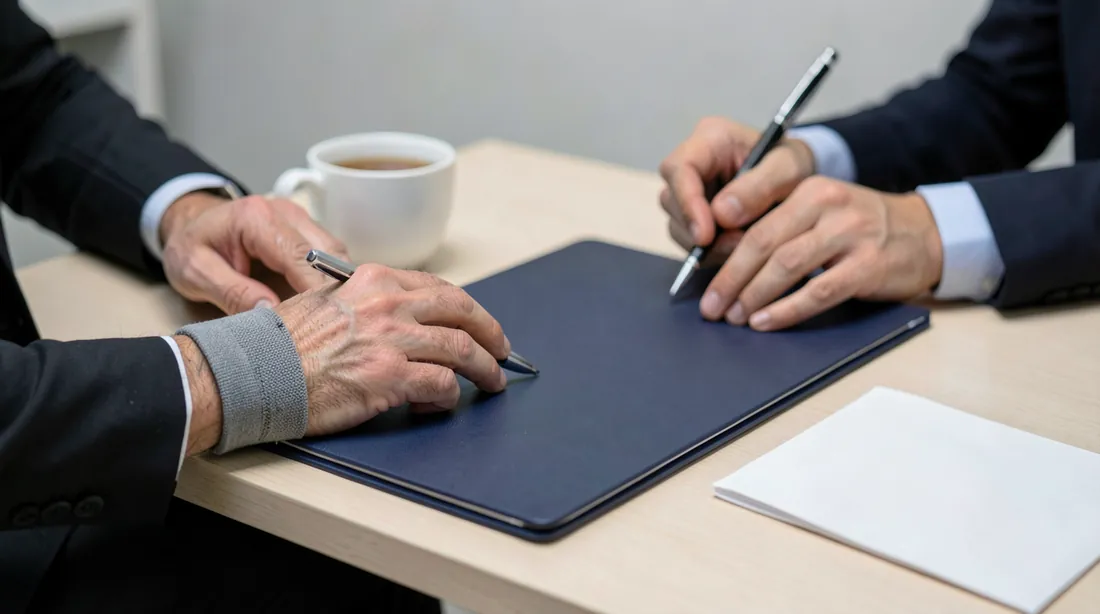 Close-up of an injured passenger's hand in a wrist brace and a lawyer's hands with a pen over a closed folder, preparing the written application to the insurer