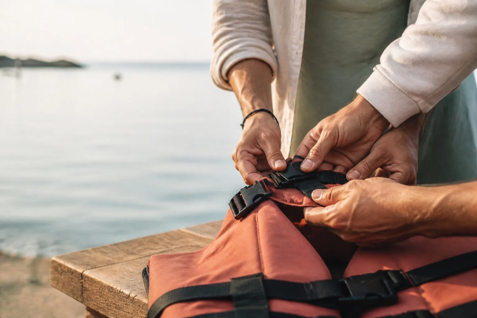 Safety equipment checked before a boat excursion.