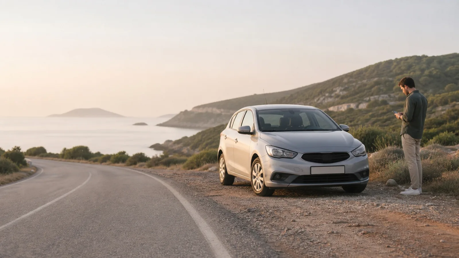 A car stopped on a coastal road in Türkiye at dusk.