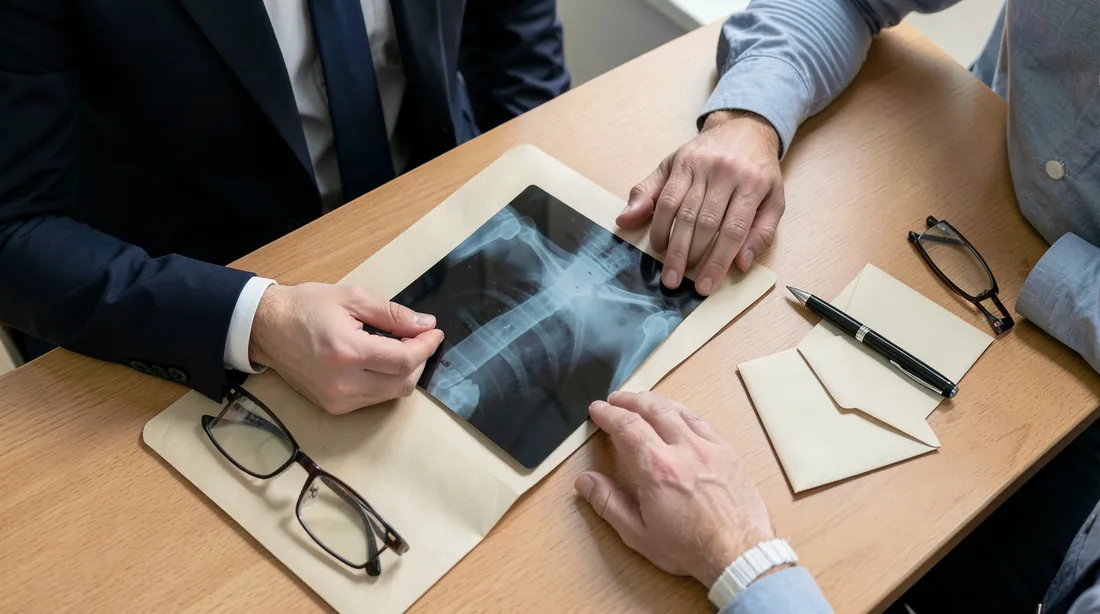Lawyer and injured client sorting hospital records, an accident sketch and correspondence into a claim file at a desk