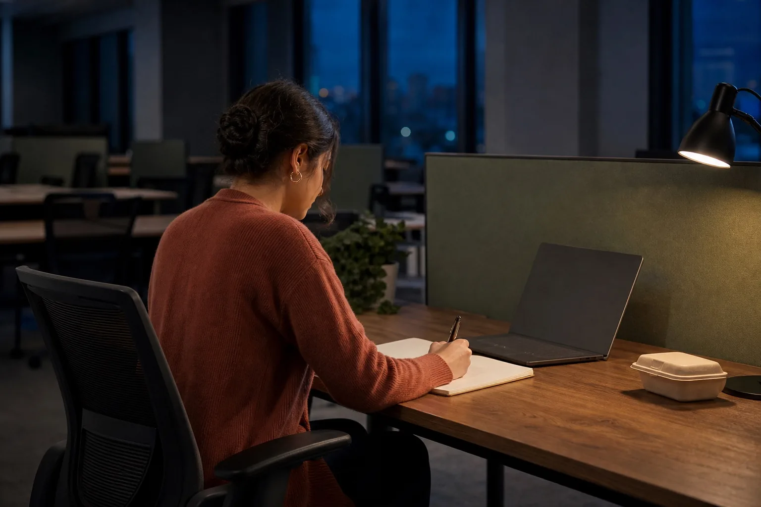An after-hours workplace, lights still on.