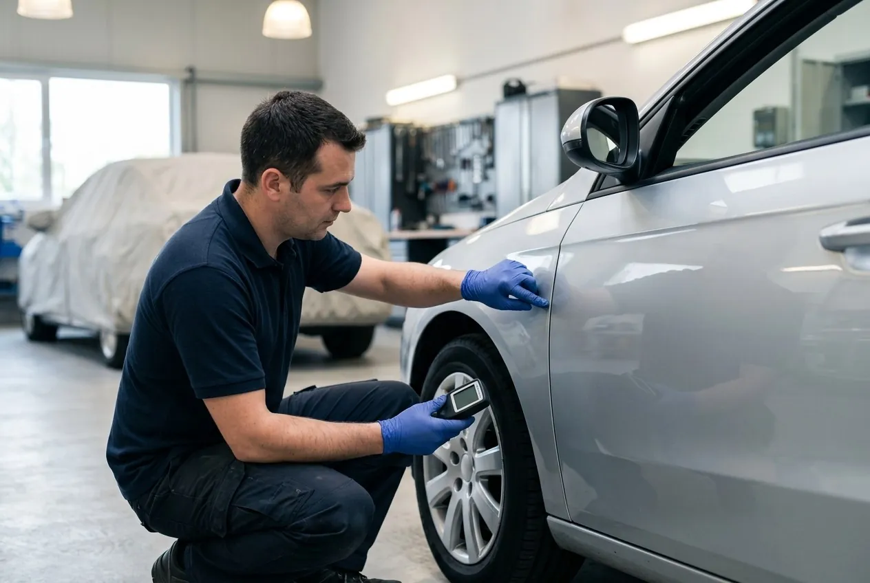 Independent appraiser inspecting repaired bodywork and panel gaps on a car after collision repair