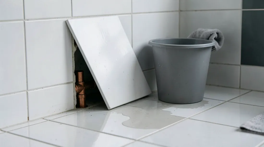 A lifted white floor tile leaning against the bathroom wall, exposing a copper water pipe in the opening, with a grey plastic bucket, a grey towel and a puddle of water on the wet tiled floor