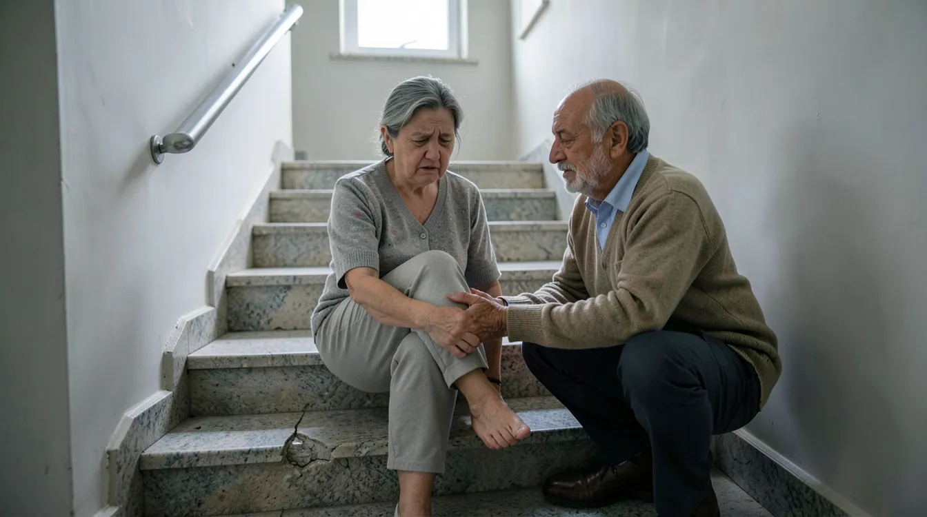 On the stone staircase of an ordinary apartment building lit by a stairwell window, a woman in her fifties in casual home clothes sits on a step holding her ankle while an older male neighbour in a cardigan crouches beside her offering help; the front edge of the stone tread just above her is chipped and broken, next to a simple metal handrail