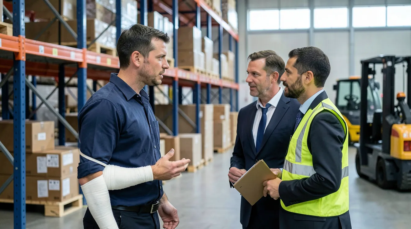 Injured warehouse worker with a bandaged arm talking to a lawyer and a colleague beside industrial shelving in a Turkish logistics facility