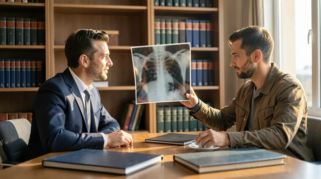 Lawyer and injured worker reviewing a hospital discharge report and a health board disability assessment at a desk in an Istanbul law office
